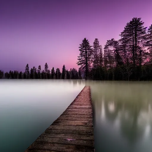 Image similar to Stunning 4K night photograph of a lake covered in purple mist.