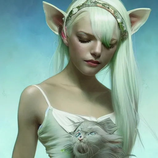 Image similar to ultra realistic illustration, dream girl with white hair, with light green eyes, with cat ears, in a sundress, intricate, elegant, highly detailed, digital painting, artstation, concept art, smooth, sharp focus, illustration, art by artgerm and greg rutkowski and alphonse mucha