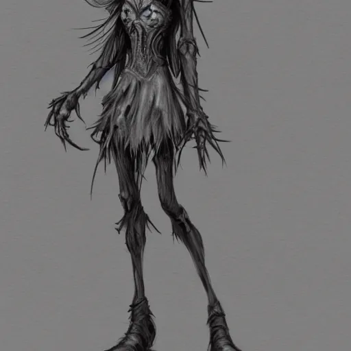 Prompt: concept art of a scary lanky female scarecrow, artstation, pencil