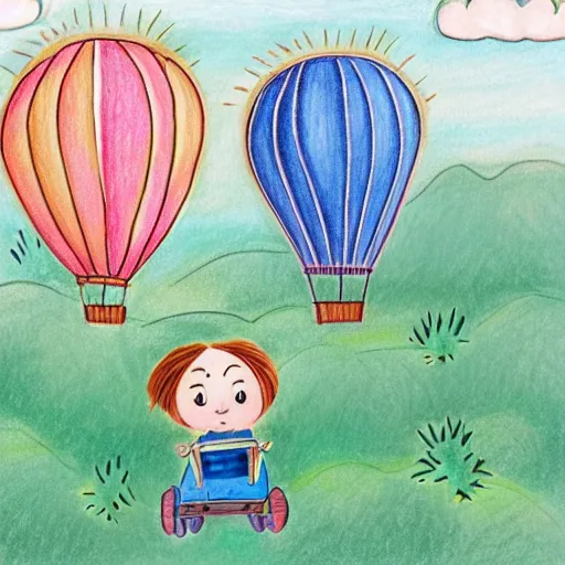 Prompt: a drawing of two children in a hot air balloon, a storybook illustration by jessie newbery, featured on dribble, plein air, storybook illustration, flat shading, whimsical