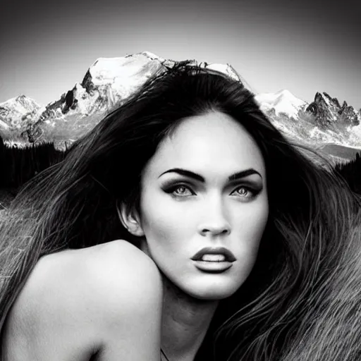 Prompt: double - exposure effect of megan fox face blended with beautiful mountains, in the style of dan mountford, amazing detail, black and white
