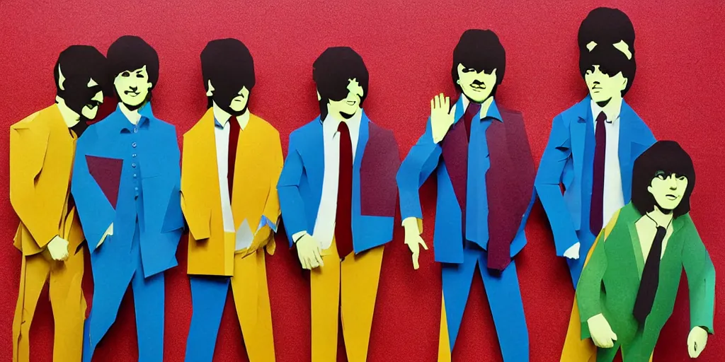 Prompt: cut paper sculpture of the beatles