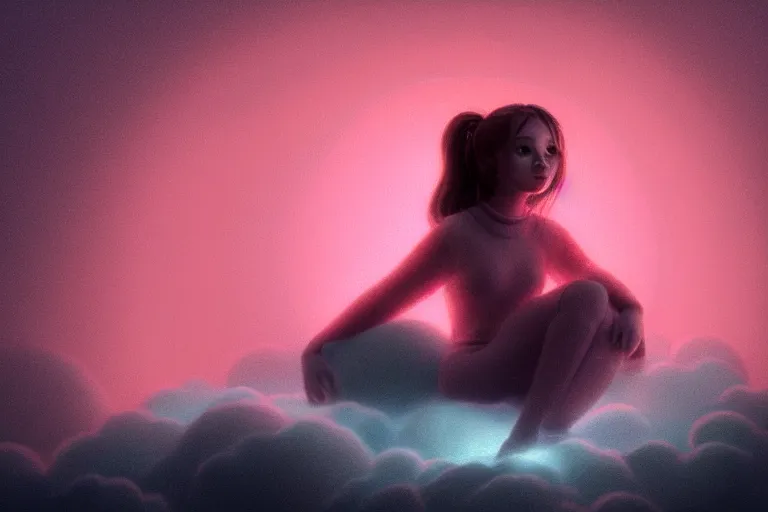 Image similar to a cute alien girl sitting on a cloud relaxing, misty, glows, digital art, hazy, foggy, red lighting, ambient lighting, 8 k,