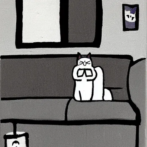 Prompt: cat sitting on sofa watching TV in night by Stephen Mcmennamy
