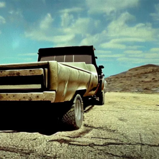 Image similar to ZZ Top sitting in back of a pickup truck bed in Mad Max Road Warrior, interior, screenshot, cinematic Eastman 5384 film