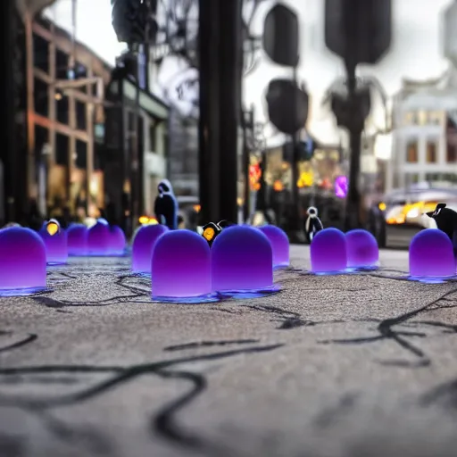 Prompt: Penguin creating magic purple magic satanic circles on the streets, 40nm, shallow depth of field, split lighting, 4k,