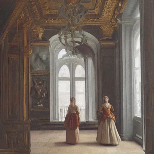 Prompt: oil on canvas painting. two women in a vast castle lobby wearing fine clothes. dark room with light coming through the right side of the place. baroque style 1 6 5 6. high quality painting, no distortion at all.