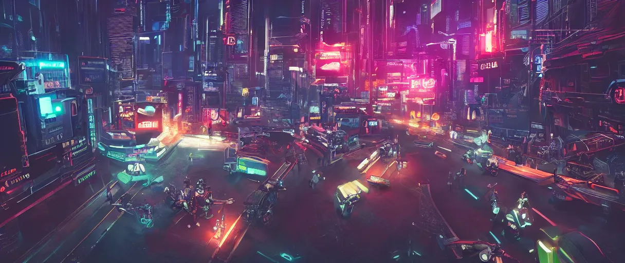 Prompt: an android hief on a motorcycle making a getaway from a helicopter in a glowing neon cyberpunk city at night by Karl Thiart, unreal engine, cinematic atmosphere, establishing shot, viewed from above