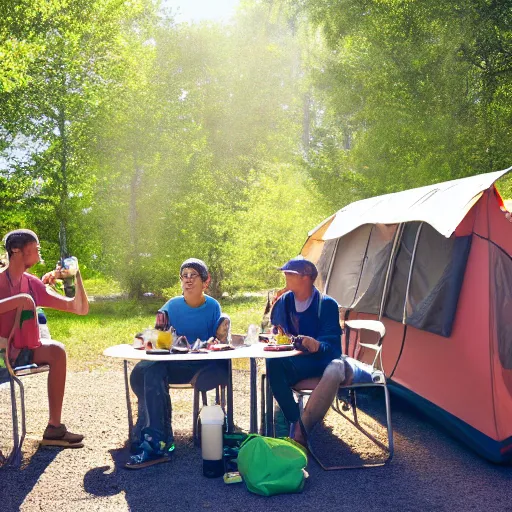 Prompt: 4 campers having breakfast between a lavvoo and a suburban, 4k