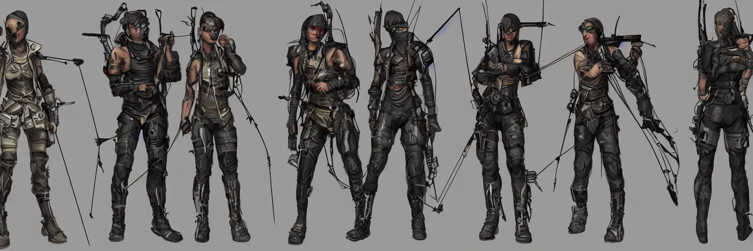 Image similar to character designs of cyberpunk archer, carrying compound bow, tactical, style over substance, layout