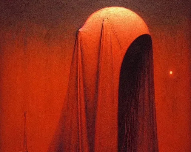 Image similar to by francis bacon, beksinski, mystical redscale photography evocative. devotion to the scarlet!!! woman!!!, priestess in a conical!!! hat, coronation, ritual, sacrament