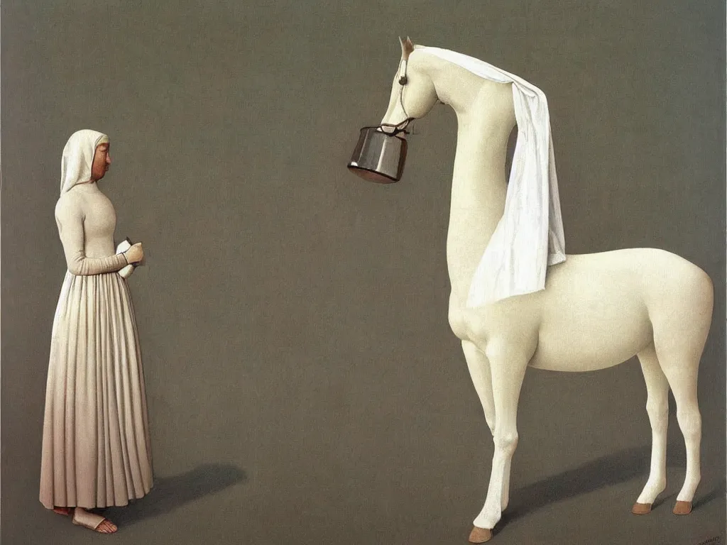 Prompt: Horse dressed in white cloth. Water vase. Painting by Alex Colville, Piero della Francesca, Zurbaran