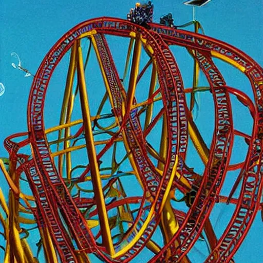 Image similar to a hyperrealistic painting of a futeristic rollercoaster designed to torture its riders by Richard Corben,