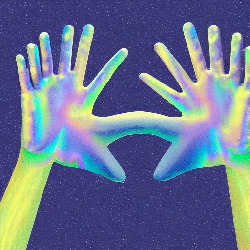 Prompt: two gesturing hands made from an iridescent material in front of a simple background