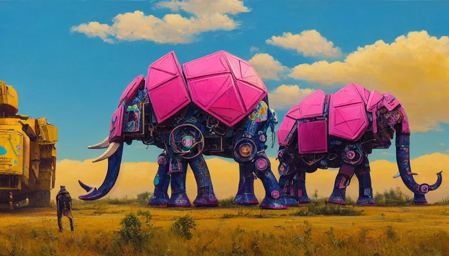 Prompt: an intricate oil painting of a giant south african armored elephant shaped scrap metal mecha by simon stalenhag, pink, yellow and cyan paint decals