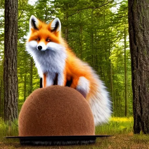 Image similar to a purple fox with a long fluffy and shiny coat sits in the forest on a ufo flying saucer. super realistic photo. clear details