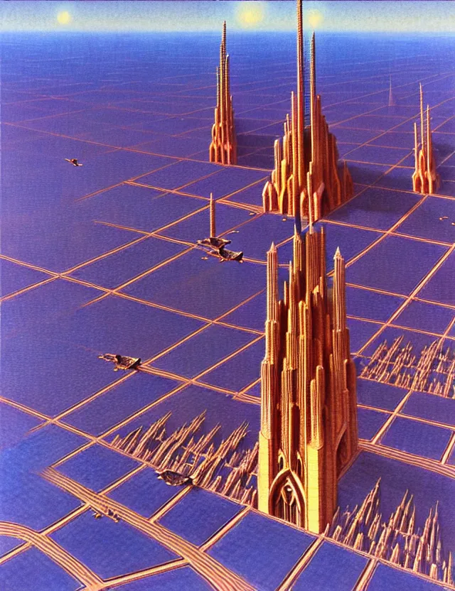 Prompt: bird eye view of a giant immense squared crematorium gothic architecture advanced technology scifi architectural structure desert planet, bruce pennington,