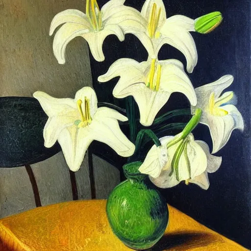 Image similar to white lilies in vase on table, natural lighting, painting by vincent van gough