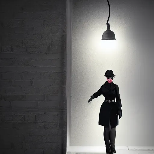 Prompt: noir female detective in a gray coat, hat and black glasses leans against the wall and lights up, render, fallout 4 5