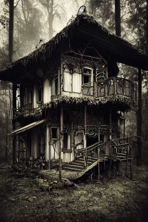 Prompt: a wet plate photograph of a ramshackle multistory fairytale hut in the forest, intricate, elegant, fantasy, highly detailed, overcast lighting, sharp focus