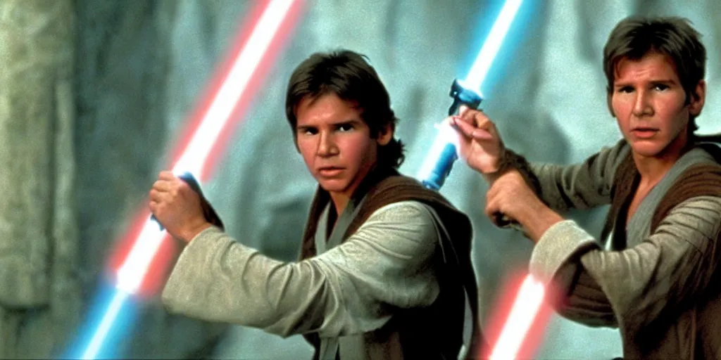 Prompt: A full color still from a film of a young Harrison Ford as a Jedi padawan holding a lightsaber hilt, from The Phantom Menace, directed by Steven Spielberg, 35mm 1990