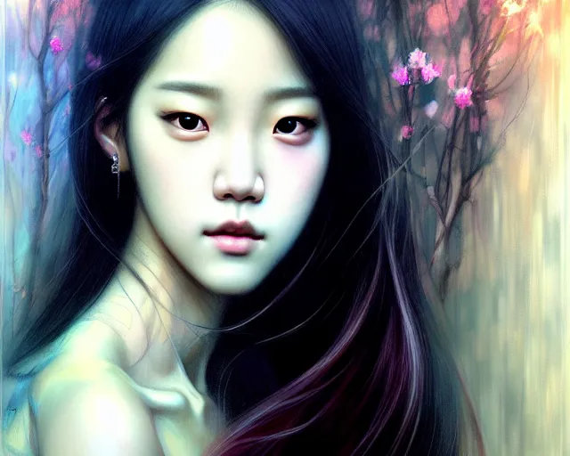 Image similar to jisoo from blackpink, portrait, highly detailed, deep focus, elegant, digital painting, smooth, sharp focus, illustration, ultra realistic, 8 k, art by karol bak and agnes cecile