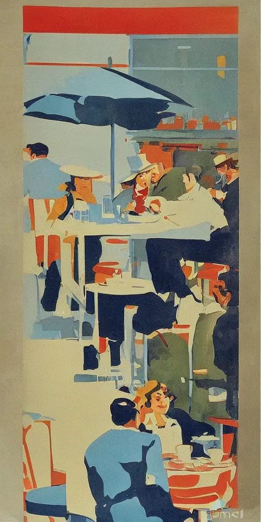 Image similar to A 1950’s poster of a a French artist painting plein air at a coffee shop on street in Paris in art deco style