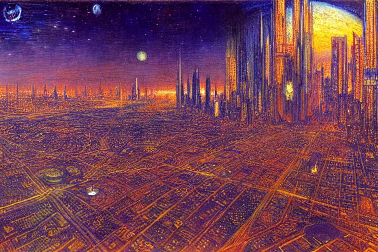 Image similar to a scifi illustration, Night City on Coruscant by william holman hunt