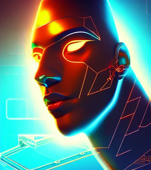 Image similar to symmetry!! egyptian god of technology, solid cube of light, hard edges, product render retro - futuristic poster scifi, lasers and neon circuits, brown skin handsome egyptian god, intricate, elegant, highly detailed, digital painting, artstation, concept art, smooth, sharp focus, illustration, dreamlike, art by artgerm