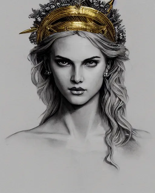 Image similar to front view of beautiful aphrodite greek goddess wearing a gold laurel wreath and triangle earrings, realism tattoo sketch, beautiful piercing eyes with sharp pupils, beautiful blonde hair, in the style of greg rutkowski, fantasy, amazing detail, epic, elegant, smooth, sharp focus