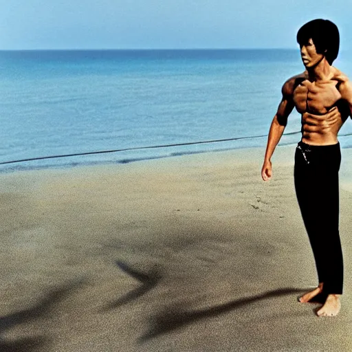 Prompt: bruce lee, meditating on beach, 4 k high definition
