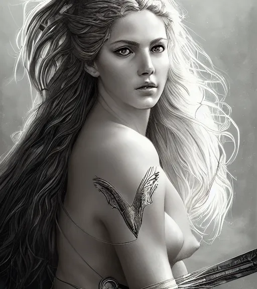 Image similar to portrait of very beautiful aphrodite goddess as an archer, arrow, beautiful piercing eyes, flowing blonde hair, realistic face, black and white drawing, in the style of greg rutkowski, fantasy, amazing detail, epic, intricate, elegant, smooth, sharp focus