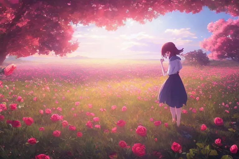 Image similar to girl picking flowers in a field of roses, scenic full shot, ambient lighting, detailed face, by makoto shinkai, stanley artgerm lau, wlop, rossdraws