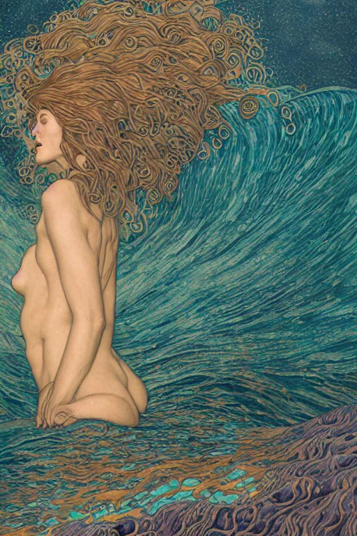 Prompt: a sea witch summoning a giant wave by dan mumford and gustav klimt and john harris and jean delville and victo ngai and josan gonzalez, highly detailed, photorealism, hyperrealistic, art deco, art nouveau
