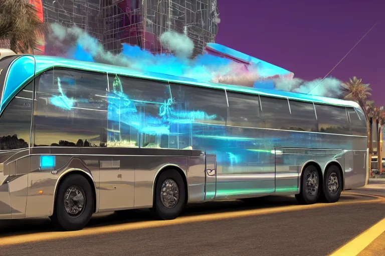 Image similar to photo of a futuristic nightliner bus outside in las vegas at night, custom airbrush paintjob, band name on the bus is tripmachine, realistic digital art, textured with a 3 d render of a huge futuristic steampunk generator, 8 k, fluorescent colors, halluzinogenic, multicolored, exaggerated detailed, unreal engine