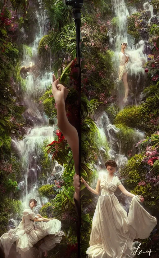 Image similar to hyper realistic photographer looking through a vintage medium format camera, taking pictures, magic pouring from lens, fantasy castle, full body waterfall water dress, design on white background, beautiful details, lush foliage cyberpunk, gold, drawn by john singer sargent, tom bagshaw, norman rockwell, alphonso mucha, lolish, trending on artstation