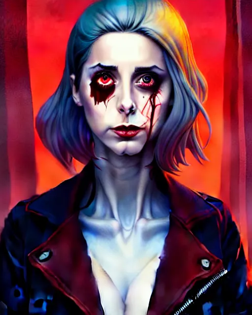 Image similar to loish, artgerm, Joshua Middleton art, Rafeal Albuquerque, pretty Alison Brie serial killer holding bloody knife in right hand realistic hand, blood on clothes and face, sarcastic smile, symmetrical eyes, symmetrical face, jean jacket, jeans, short blonde hair, middle shot, night time, deep blacks