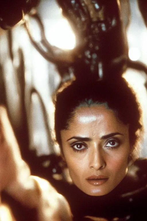 Image similar to film still of salma hayek in the movie Alien, captured in a creamy alien substance, scary, cinematic shot, 4k.