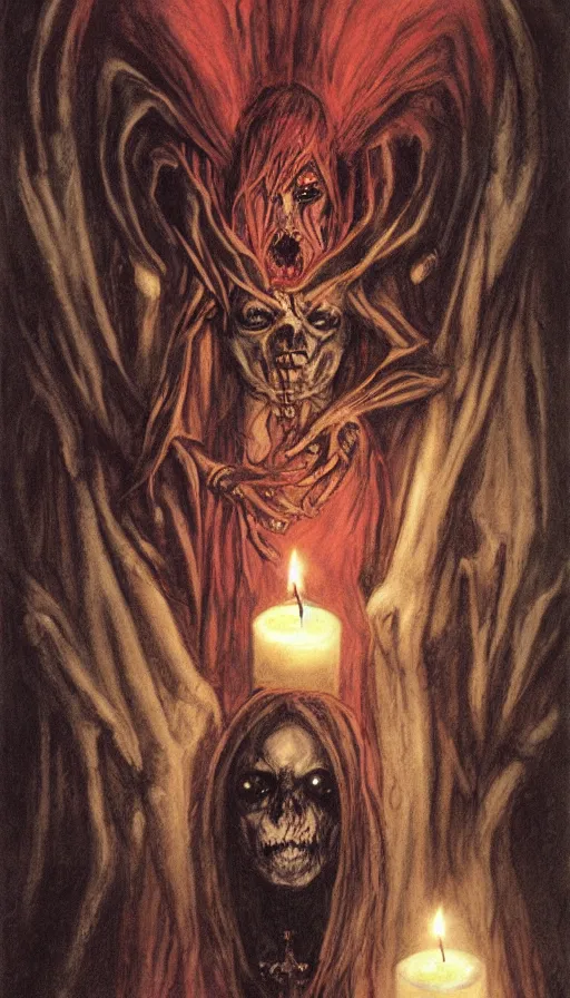 Prompt: carmilla vampire, gothic horror, by brian froud, candlelit catacombs