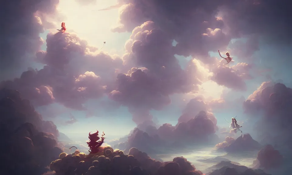 Image similar to happiness and friendship, floating high in the clouds, by peter mohrbacher, victo ngai, greg rutkowski, artgerm, volumetric lighting, intricate, environmental lighting, 4 k