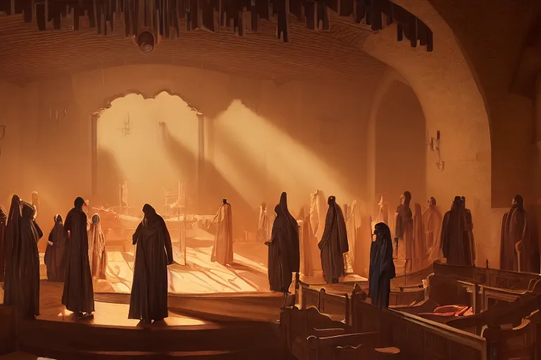 Image similar to cultist secret meeting taking place in an art deco townhall in a oriental medieval fantasy village. incredible voluminous indirect soft glow cinematic lighting, hyperdetailed features, movie still, intricate, octane render, unreal engine, crepuscular rays, god rays, by beeple and rhads and donato giancola