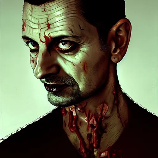 Image similar to portrait of dave gahan as a young zombie with whitened eyes and cuts, 7 days to die zombie, fine art, award winning, intricate, elegant, sharp focus, cinematic lighting, highly detailed, digital painting, 8 k concept art, art by z. w. gu and alex konstad and brom and michael hussar, masterpiece, 8 k