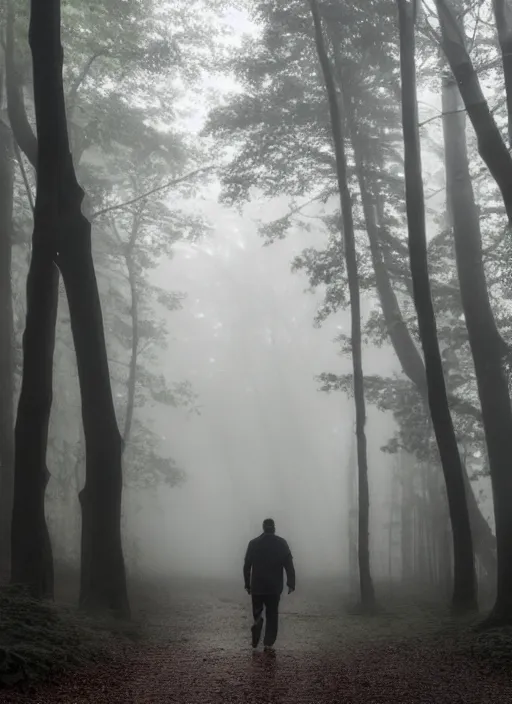 Image similar to a man walks towards the light in a dark forest, fog, rain, volumetric lighting, beautiful, mystique, golden hour, sharp focus, ultra detailed, jan urschel, dylan cole, marthe jonkers, james paick, thierry doizon, kai carpenter, ignacio fernandez rios, noir art house, 4 k, 3 5 mm, fujifilm