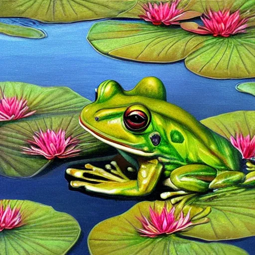 Prompt: perfect frog pattern realistic lily pads in a lake intricate, hyper detailed, realistic, oil painting