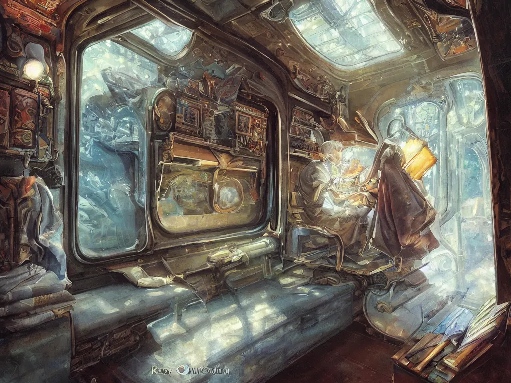 Image similar to detailed painting of a magical book laying open on the seat of a modern train car by Krenz Cushart, fantasy, dramatic light