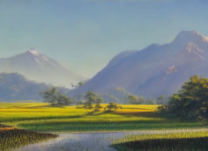 Image similar to painting of a rice paddy with two mountains in the background, a road, sun rising between the mountain
