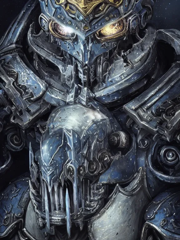 Image similar to portrait art of 8k ultra realistic undead space marine lich king, ornate intricate smashed galaxy helmet , detailed intricate ornate armour,blade runner, cybernetic, full of colour, cinematic lighting, battered, trending on artstation, 4k, hyperrealistic, focused, extreme details,unreal engine 5, cinematic, masterpiece, art by ayami kojima, giger