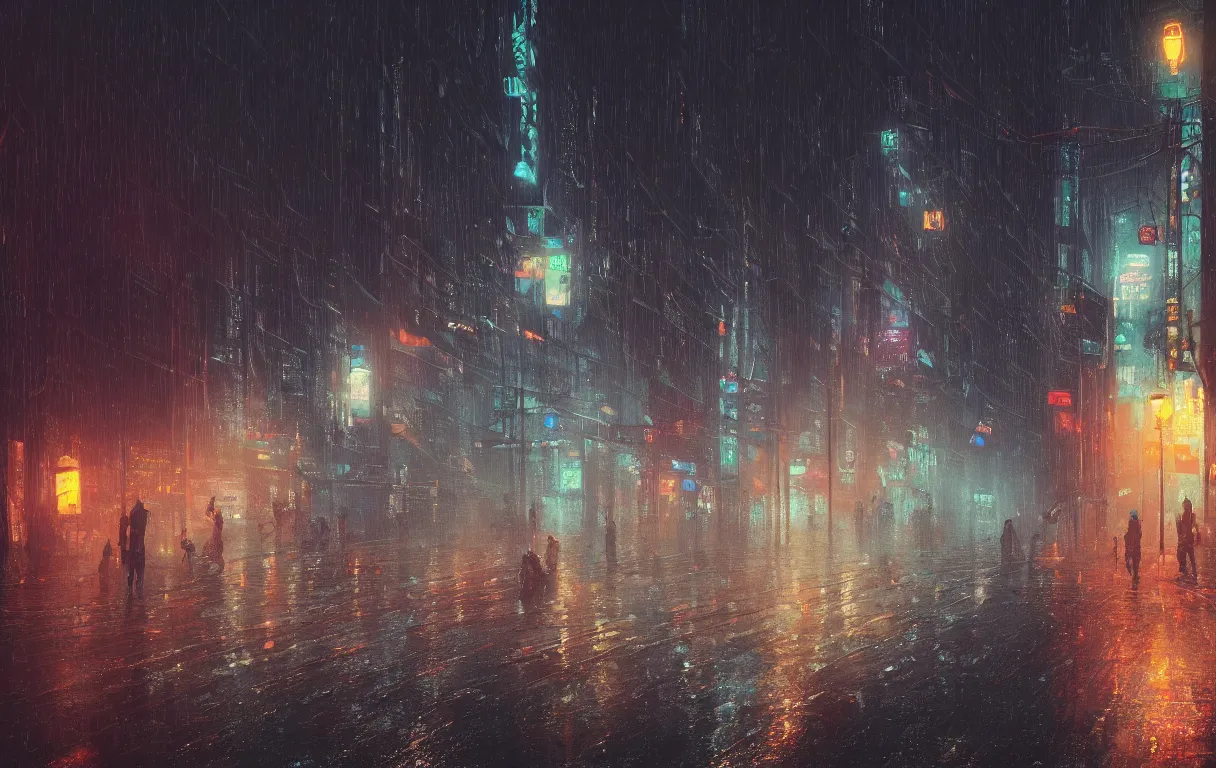 Image similar to A digital painting of a close-up view of a raining cyberpunk street in Guangzhou, some street lights and padestrians, by Ismail Inceoglu and Caspar David Friedrich, 4k, ue5, light effect, rtx on, realistic, cinematic, trending on artstation