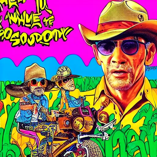 Image similar to Somewhere between Apocalypse Now and The Matrix, Cowboy Curtis on Pee Wee's Playhouse in the 80s, hyperreal intricate lifelike art by Gary Panter and Lisa Frank