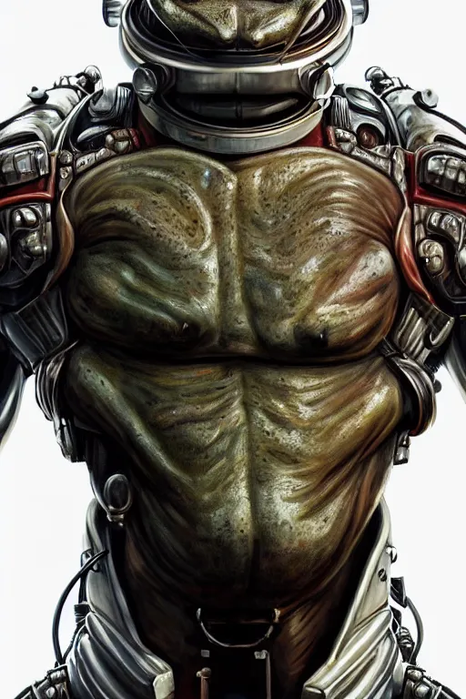 Image similar to a portrait of a muscular anthropomorphic cyberpunk frog in spacesuit armor with ensignia on chest plate by sandra chevrier, by jon foster, detailed render, post - processing, extremely hyperdetailed, intricate, epic composition, cybernetics, 4 k realistic, cryengine, realistic shaded lighting, sharp focus, masterpiece, by enki bilal